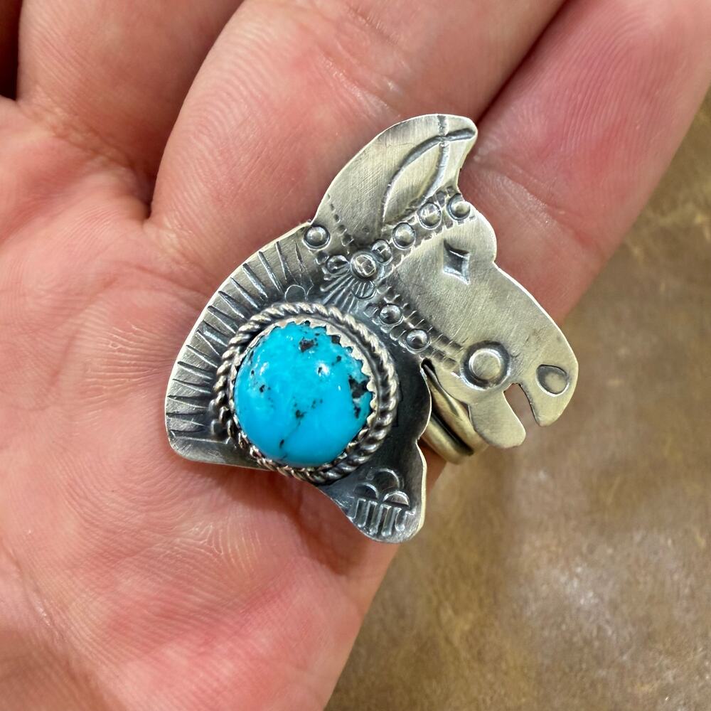 Sterling Silver & Turquoise Horse Ring Navajo Handmade Size Adjustable T Yazzie